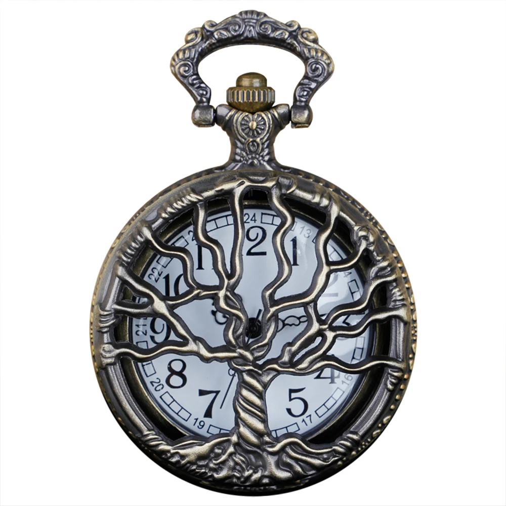 Steampunk Retro Bronze Hollow Tree of Life Quartz Pocket Watch with Fob Chain Women Men Watch Pendant Necklace ExquisiteGift