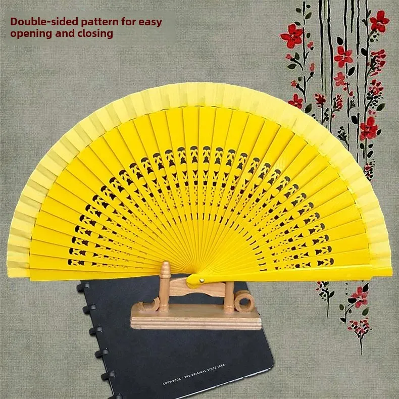 Yellow Wood Fan Spanish Style Dancing Fan For Chinese Dress Show Performance Double-Sided Patterned Dance Fan Delivery Service