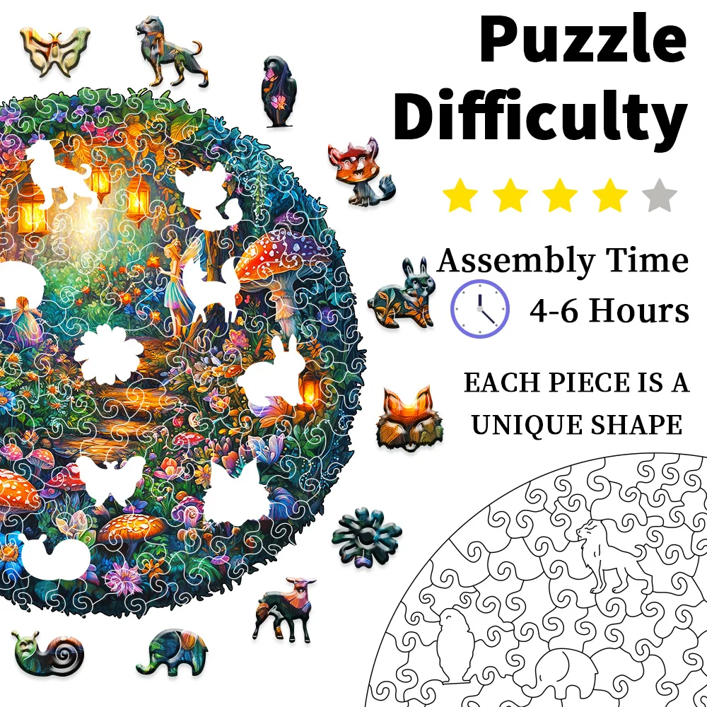 Quebra-cabeças de madeira para adultos - Quebra-cabeça de cogumelo mágico, quebra-cabeça de formato exclusivo, quebra-cabeça plano com efeito visual 3D, floresta misteriosa de madeira