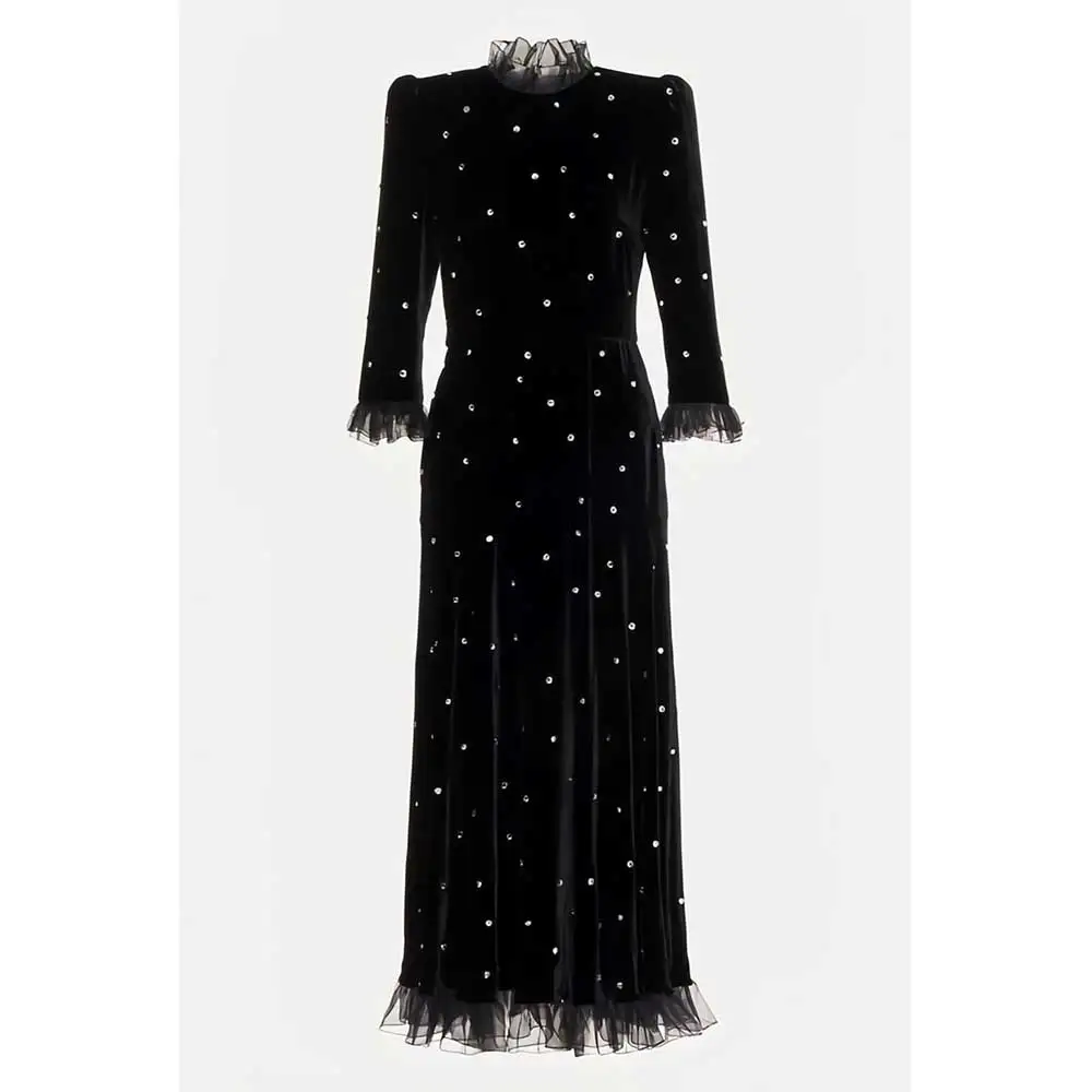 YUNLAN Luxury Dubai Rhinestone Beaded Velvet Elegant Party Long Sleeve Evening Gown 2024 Black Special Event Formal Midi Dress