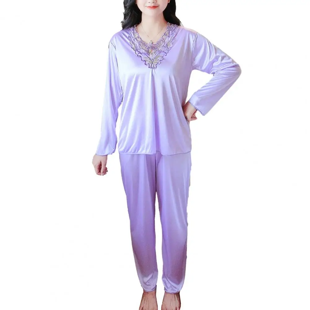 Soft Comfortable Sleepwear Elegant Silky Satin Pajamas Set with Lace Flower Embroidery V Neck Design Elastic Waist for Women