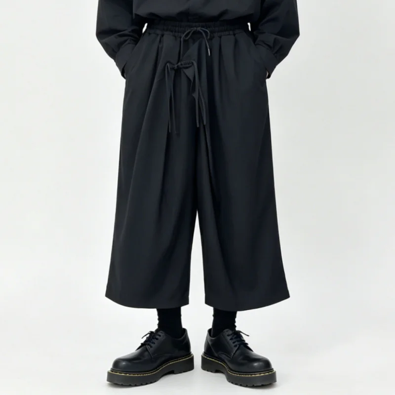 Men'S Casual Pants In New Dark Style, Loose Wide-Leg Pants, High-Waisted Drawstring Cropped Pants, Trendy Straight-Leg A93