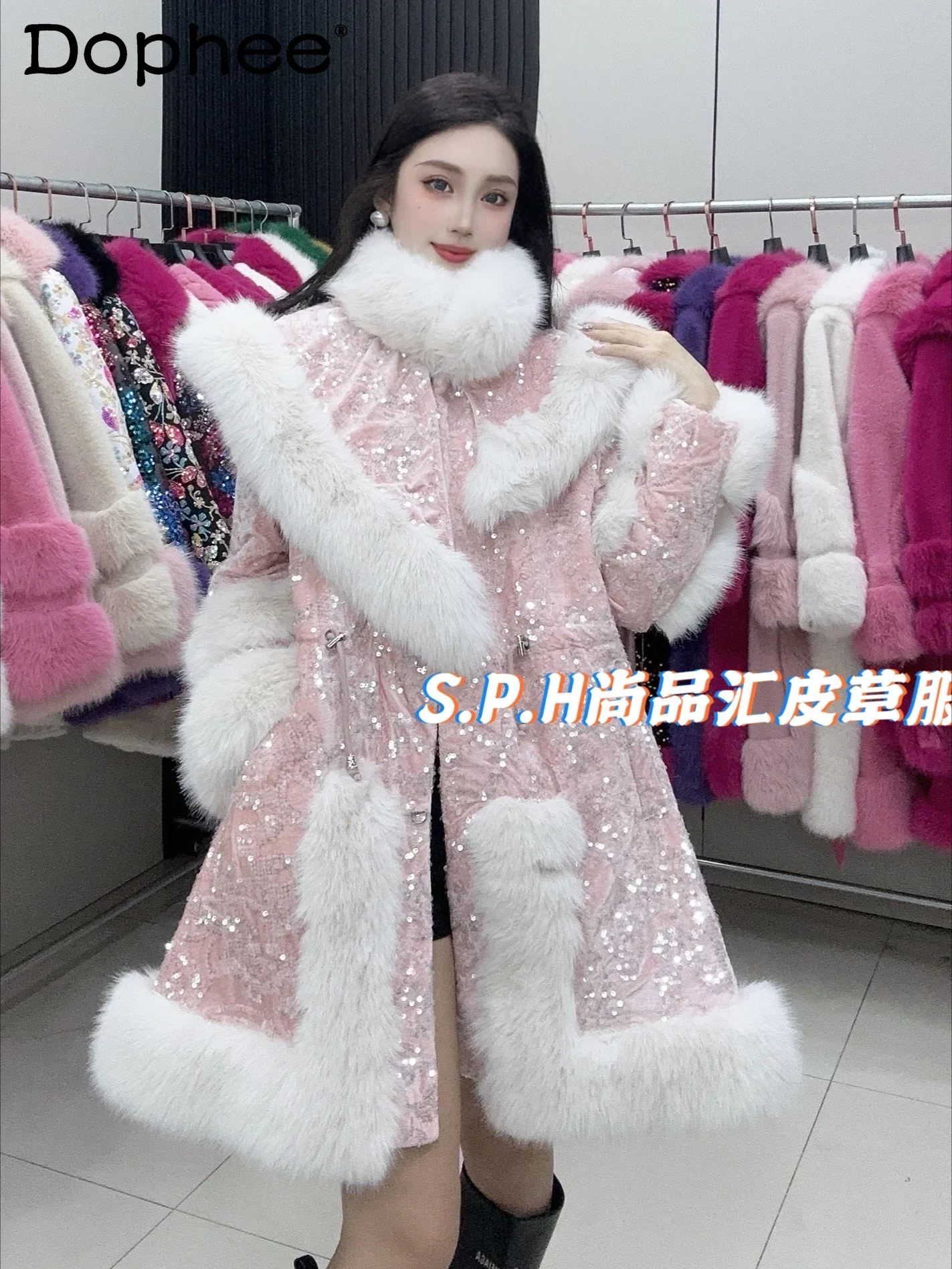 

2024 Winter Warm Luxury Sequined Mid Length Faux Fur Coat Women Temperament Elegant Cape Fashion Zipper Jacket Sweet Pink Jacket