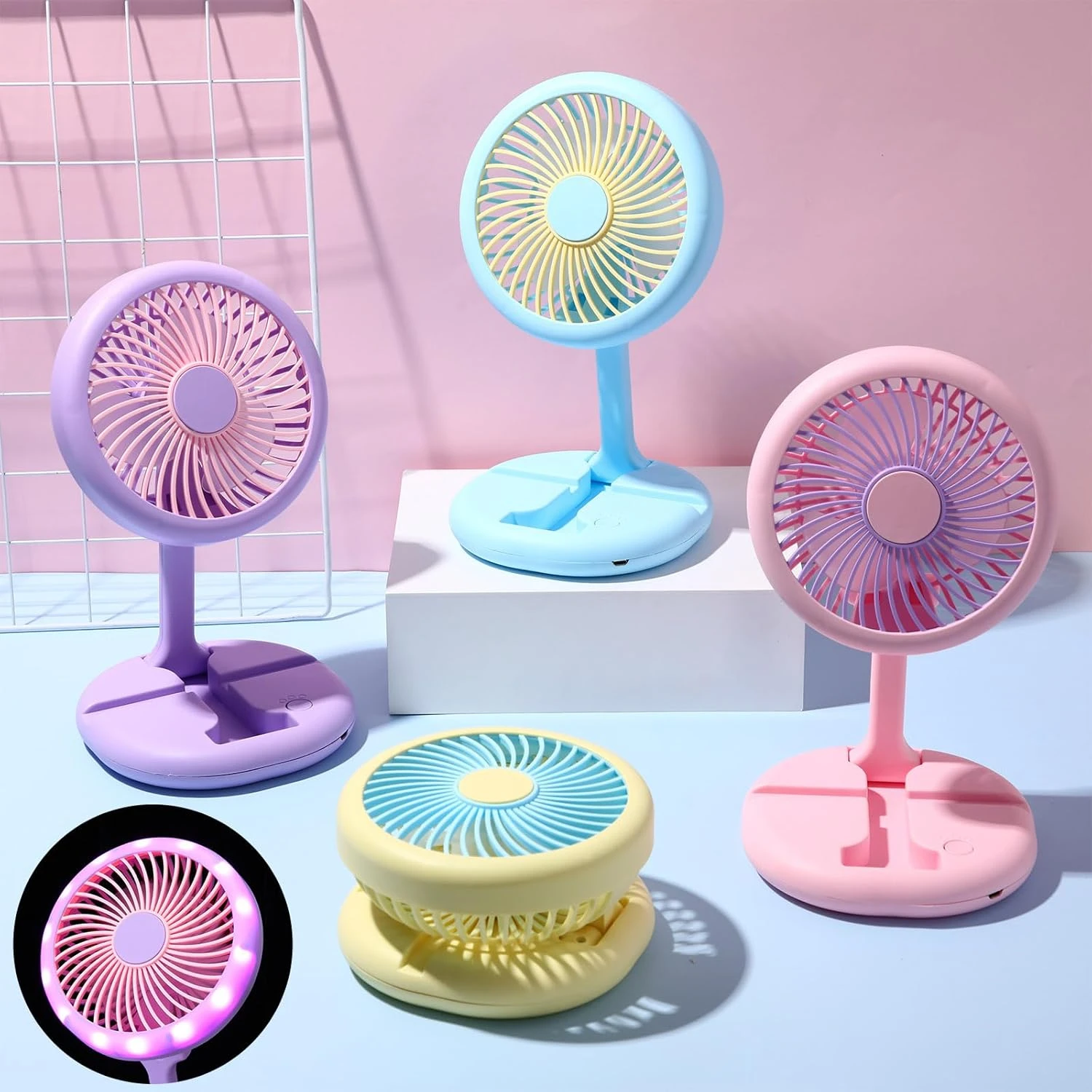 Ventilatore portatile a LED da 4 pezzi Ventilatore per asciugacapelli personale ricaricabile USB Ventilatore per trucco per donna Ventilatore da tavolo da scrivania a 2 velocità Campo telescopico