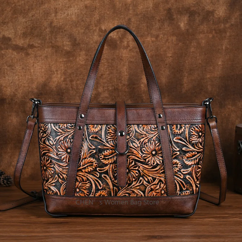 

Vintage Embossed Leather Tote Bag for Women, Large Capacity Cowhide Shoulder Bag with Adjustable Strap, Handcrafted Work Purse
