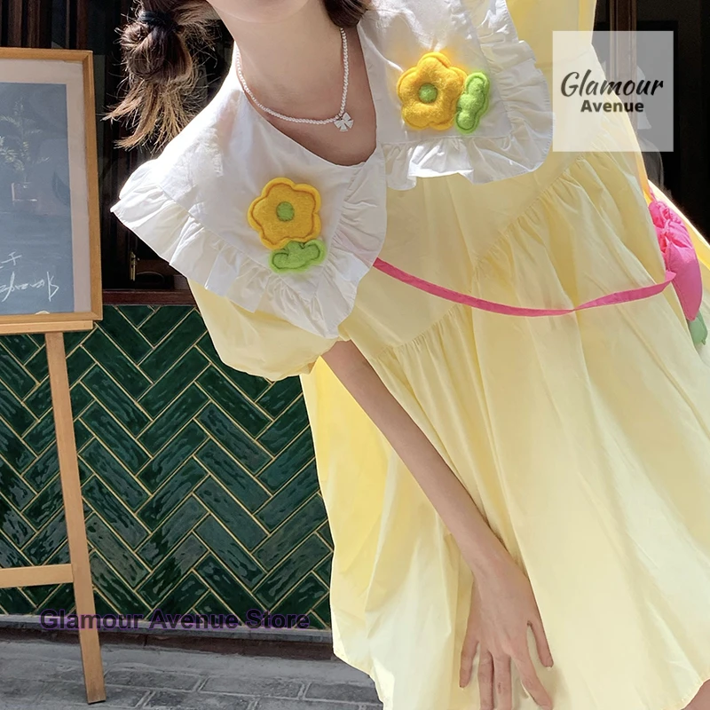 

Korean small fresh three-dimensional flower contrast doll collar dress women's summer new loose age-reducing A-line skirt