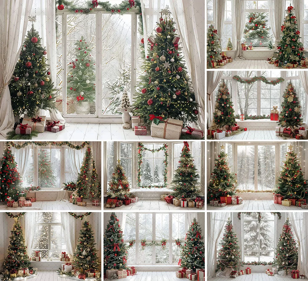

Mehofond Photography Background Christmas White Windows Gifts Winter Xmas Tree Kids Family Portrait Decor Backdrop Photo Studio