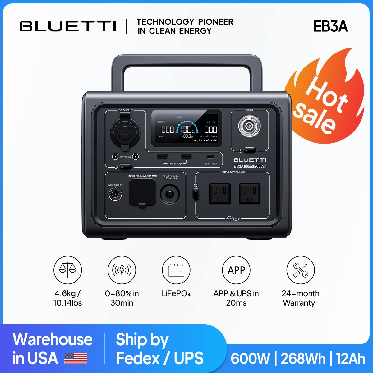 [US Plug] BLUETTI EB3A 600W 268Wh Portable Power Station LiFePO4 Battery Solar Generator Camping Fishing RV UPS Power Bank