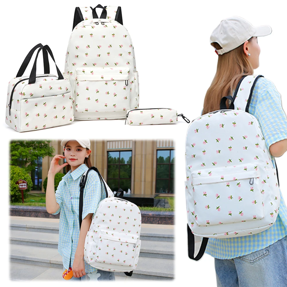 Conjunto de mochila floral para adolescentes, 3 peças, bolsa de livro com lancheira e estojo de caneta, mochila de nylon para laptop, grande capacidade, mochila de viagem