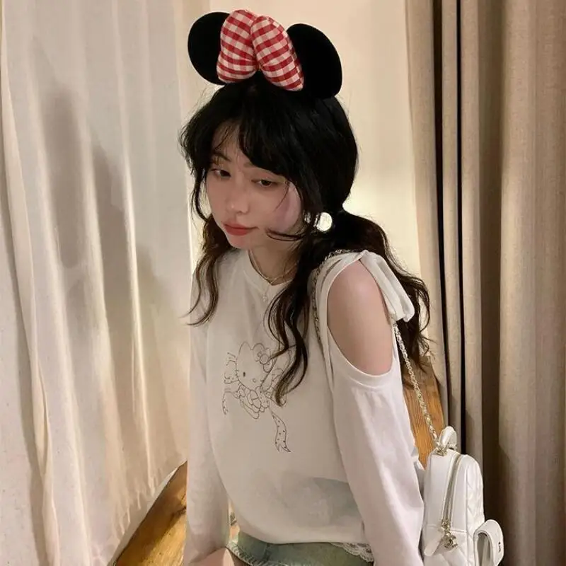 

Sanrio новый пуловер в милом стиле Kitty с длинными рукавами и открытыми плечами, пуловер с принтом для девочек, свободный пуловер в весенне-осеннем стиле