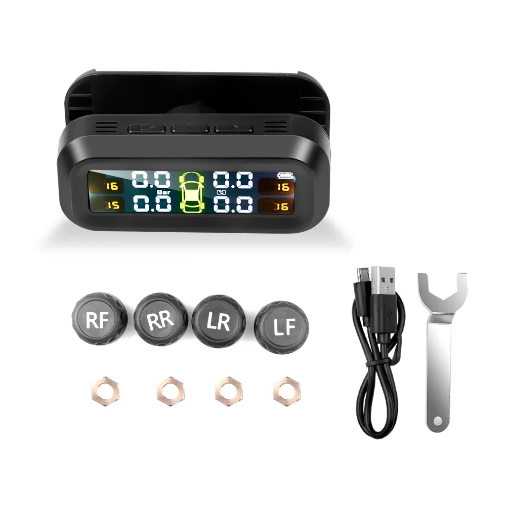 

Solar TPMS Tire Pressure Monitoring System 4 Sensors Solar and USB Charging LCD Display Suitable for Car RV SUV MPV and Sedans