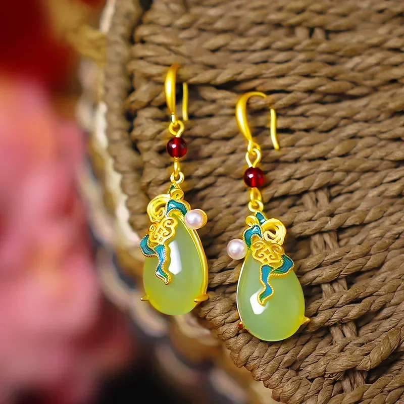 9999 Real Gold 24K Women's Gold Inlaid Jade Earrings National Style Water Drop Jade Pendant Earrings Ethnic Style