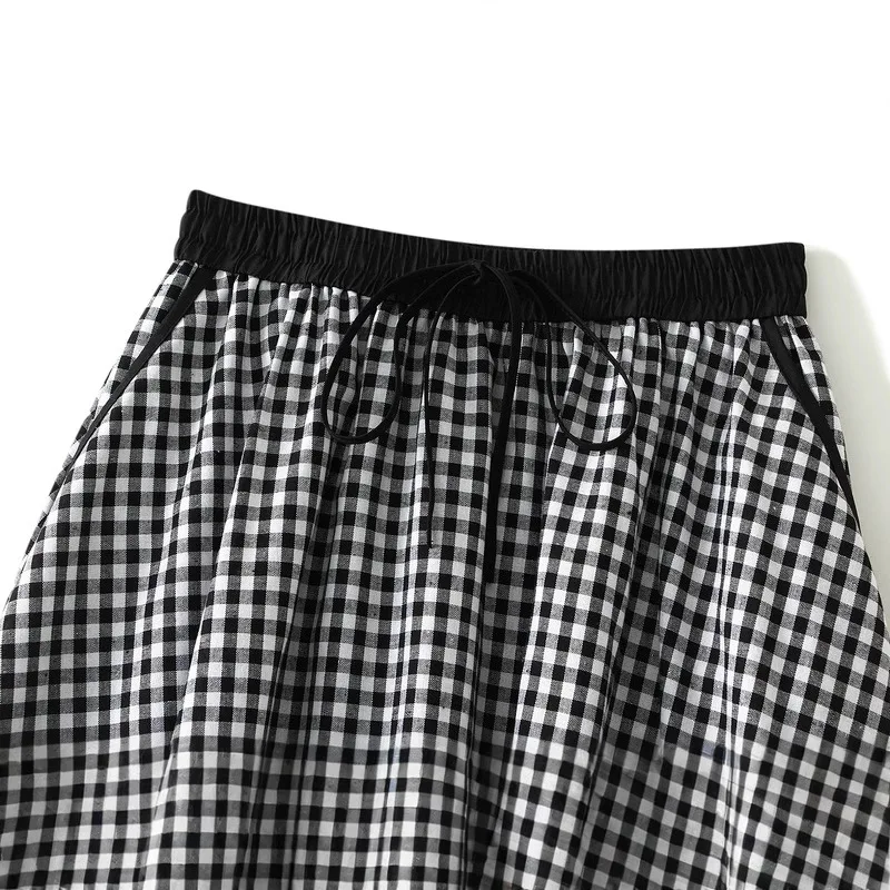 Autumn New Fashionable Versatile Design Elastic Waist A-line Medium Long Checkered Lantern Skirt Half Skirt Women's Wear