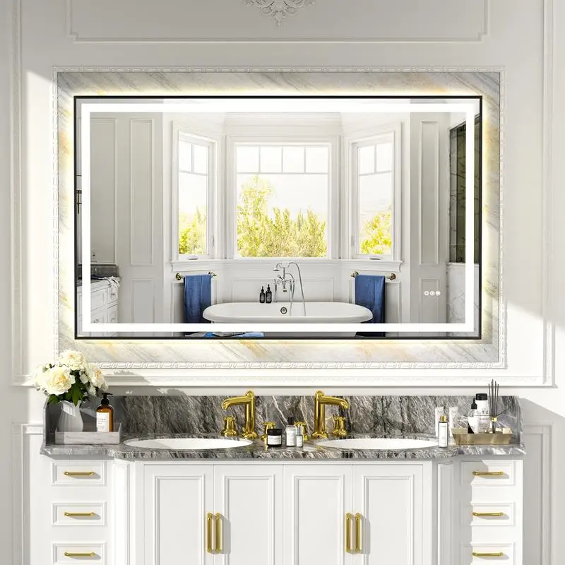 

60x36 Black Eco-Friendly Silver Mirror with Dual LED Light Strips for Front & Back Lighting