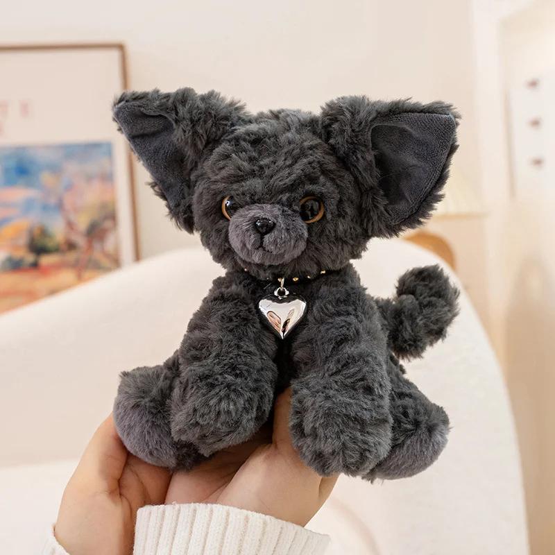 13CM süßes schwarzes Devon Rex Plüschtier lebensechte Kuscheltiere Katze flauschige weiche kleine schwarze Devon Rex tragen Schal Lätzchen Kawaii Spielzeug