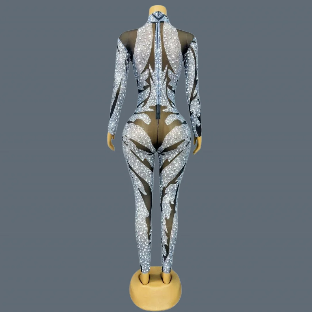 Women High Neck Long Sleeve Sparkly Rhinestone Mesh Bodysuit Printing See Through Mesh Stage Tight Fitting Jumpsuit Yinhuaban