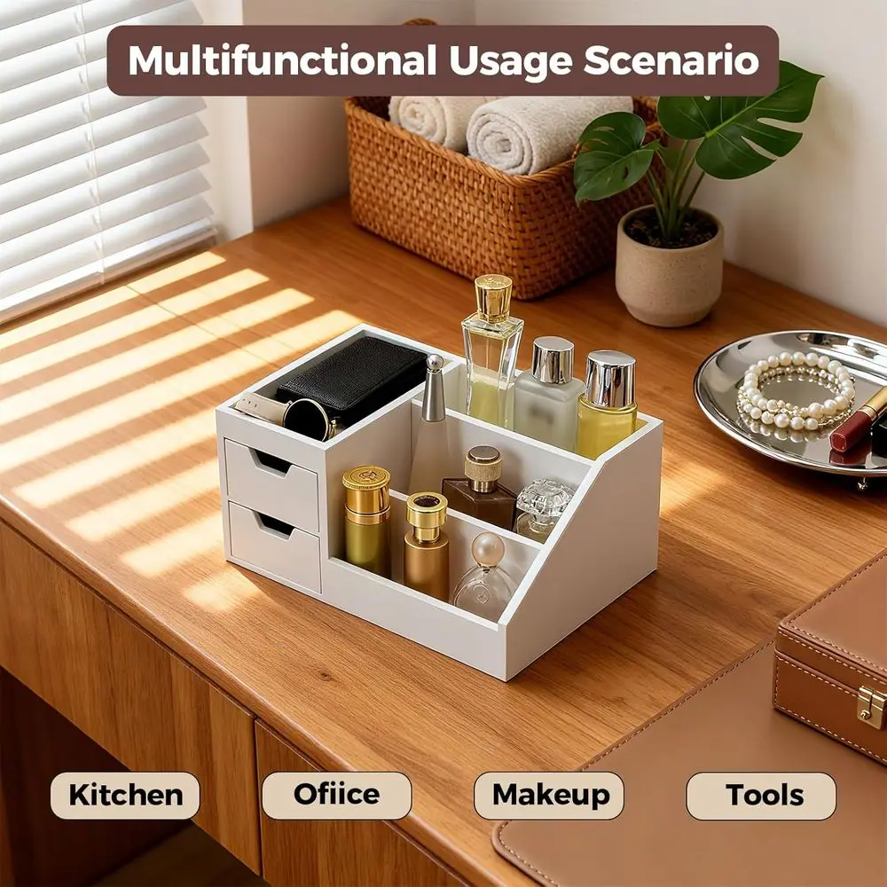 منظم العطور والمكياج الخشبي، رف أبيض لكولونيا والعناية بالبشرة في غرفة النوم