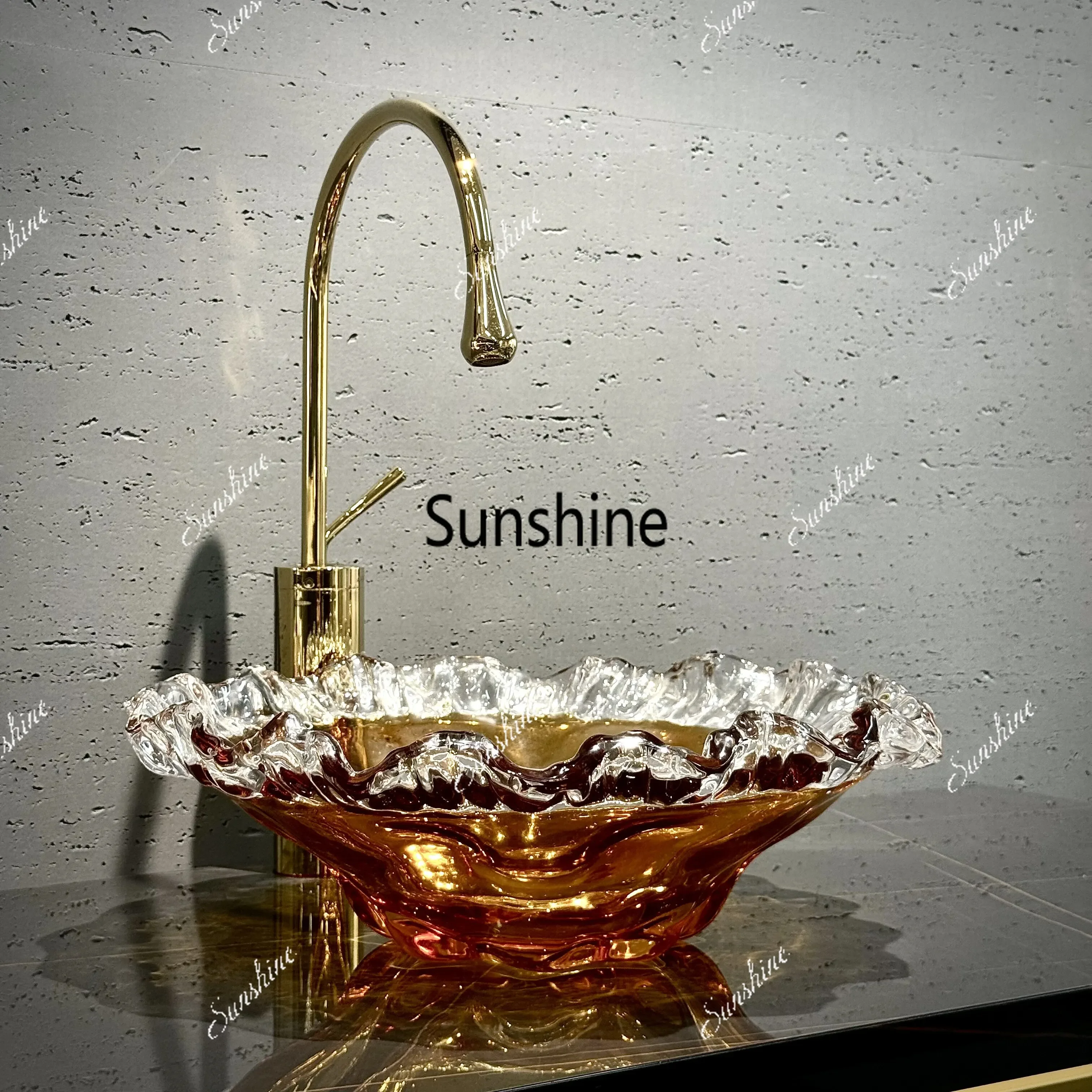 Light luxury amber wavy edge glass countertop basin bathroom art wash basinT*