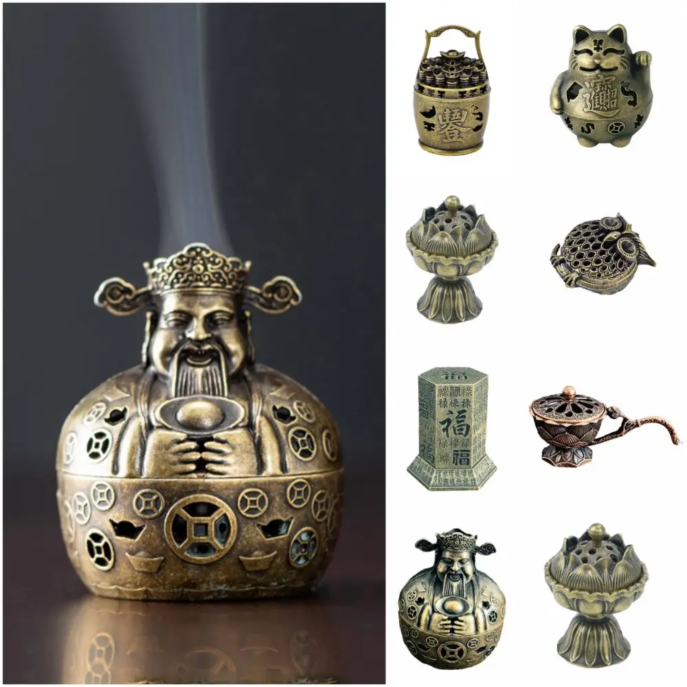 New Chinese Style Incense Burner Zinc Alloy Lotus Lucky Cat Incense Holder God of Wealth Handicraft Indoor Aromatherapy