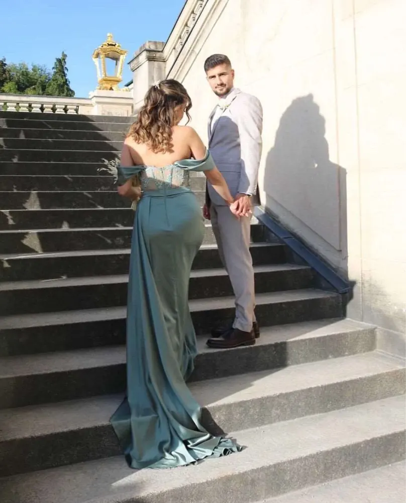 Sexy Prom Evening Dresses Long Off the Shoulder Appliques High Split Cocktail Gown Saudi Arabia vestidos de fiesta para bodas