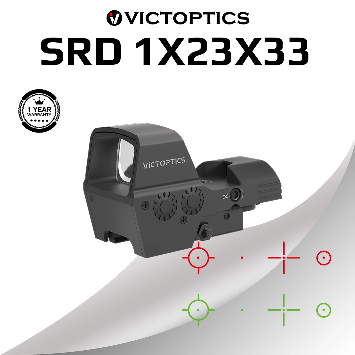 

VictOptics SRD 1x23x33 Red Dot Sight Four Reticle Green Red 6 Brightness Quick Release Mount Wide View Window Side Battery