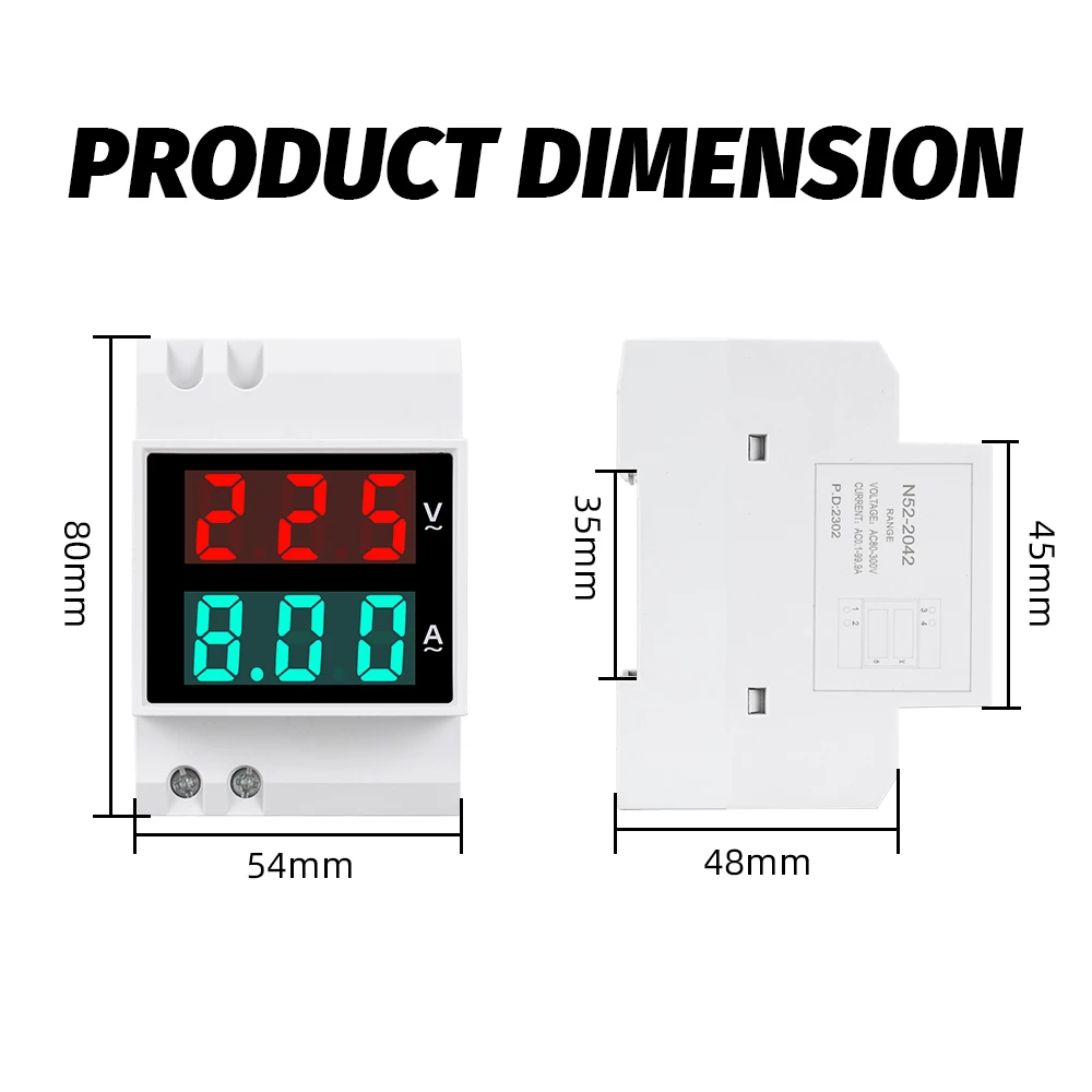 Voltmeter Ammeter DIN Rail 2 IN 1 AC 50-500V 1-63A  Led Display Voltage Display Current Display High definition an High Accuracy