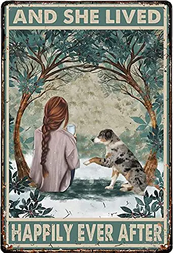 Licpact Funny Metal Tin Sign Australian Shepherd ; she Lived Happily Ever After Metal Tin Plaque Decoration Home Kitchen Restaur