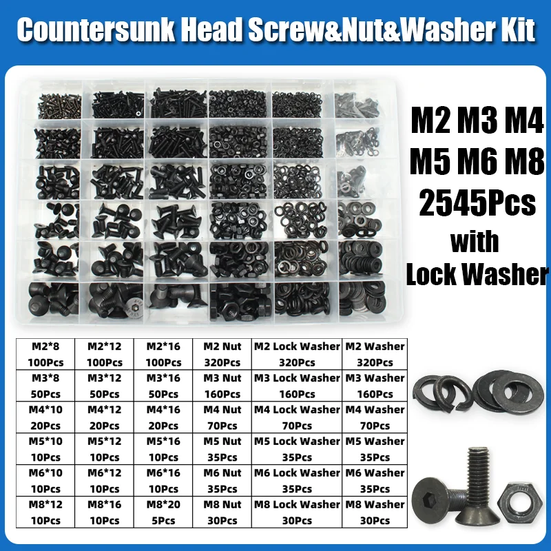 3045p Sechskant-Innensechskant-Senkkopfschraube, Bolzen, Mutter, Unterlegscheiben-Set, M2, M2,5, M3, M4, M5, M6, M8, schwarzer Kohlenstoffstahl der Güteklasse 10,9 – Detail 8