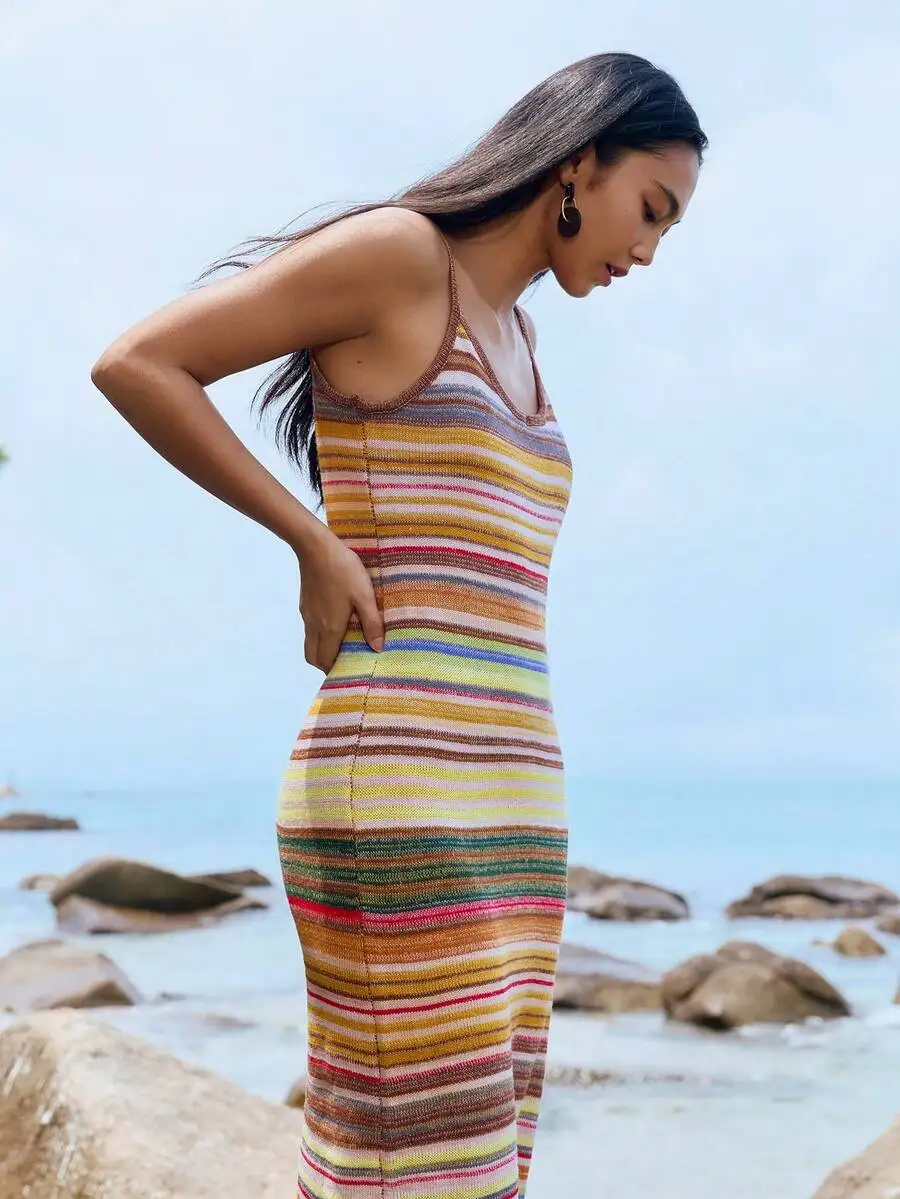 

Women Sleeveless Striped Slim Long Spaghetti Strap Dress Summer Casual