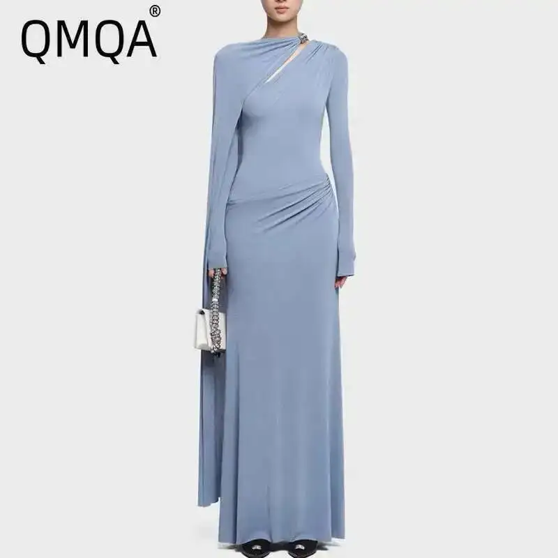 QMQA vestido de diseñador de moda para mujer cinta asimétrica hebilla de Metal empalmado sólido alto cintura hasta el suelo vestidos 2025 nuevo QM627