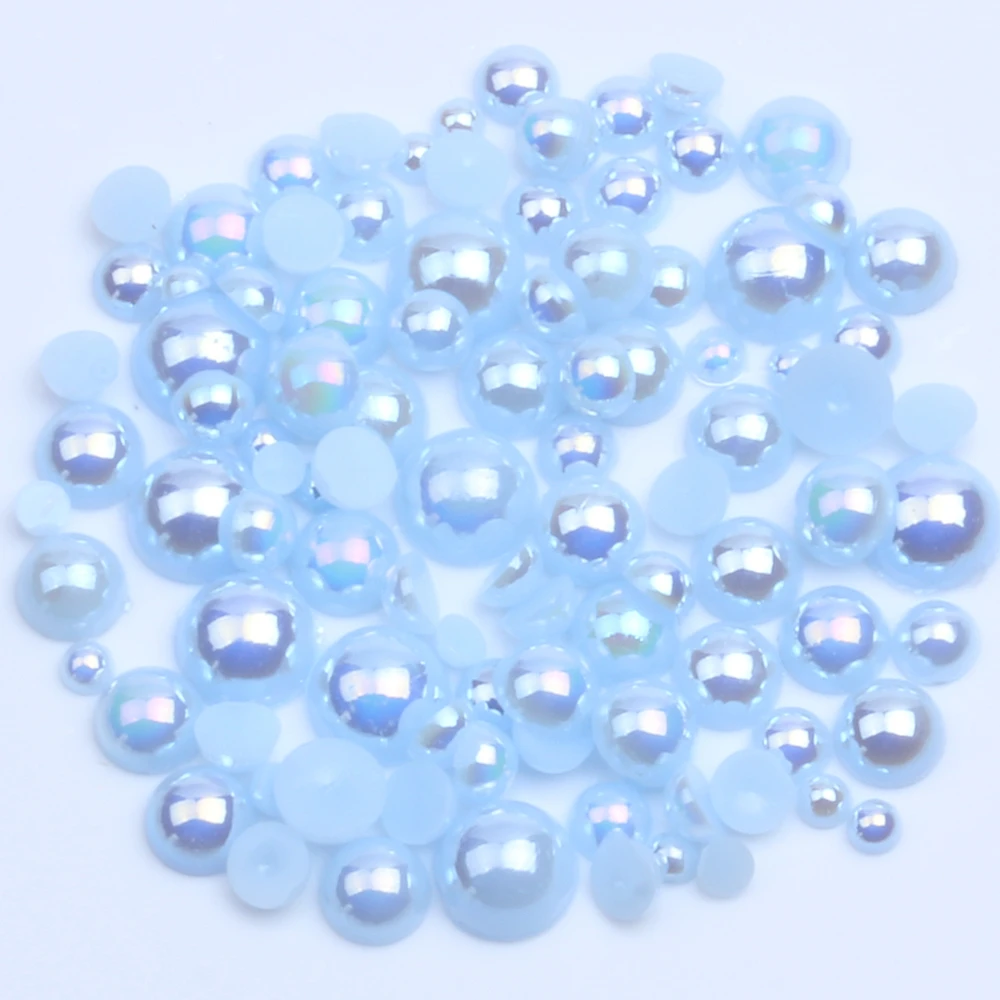 Light Blue AB Half Round Resin Pearls 2-12mm And Mixed Sizes Glue On Crafts Gems Beads DIY 3D Nails Art Decorations