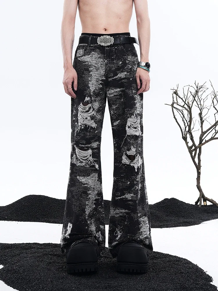 Niche high-end American high-street destruction jeans men's washed fried street micro-flared pants