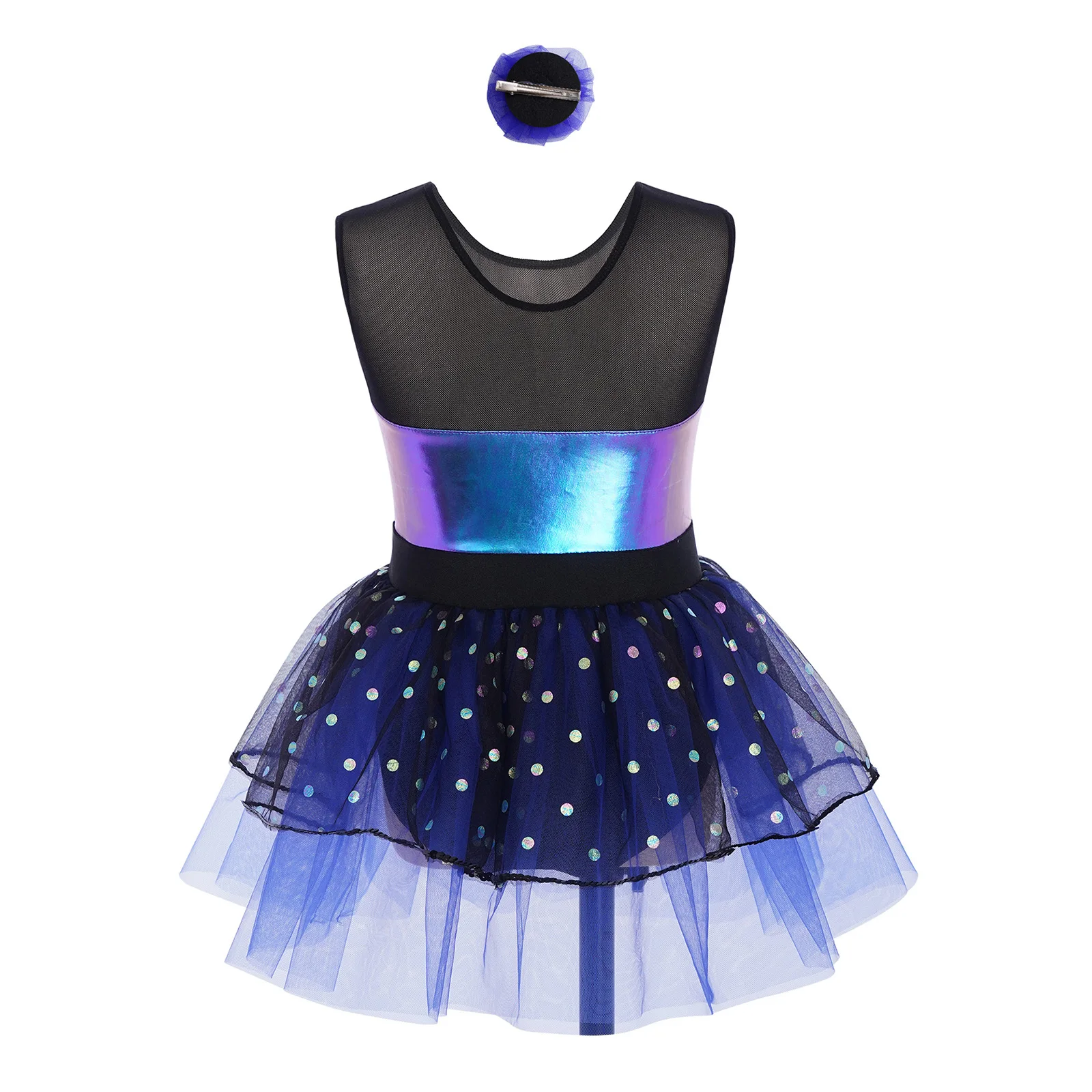 Traje de baile de Ballet para niñas, sin mangas, malla transparente, Patchwork metálico, vestido de baile de Jazz con conjunto de tocados