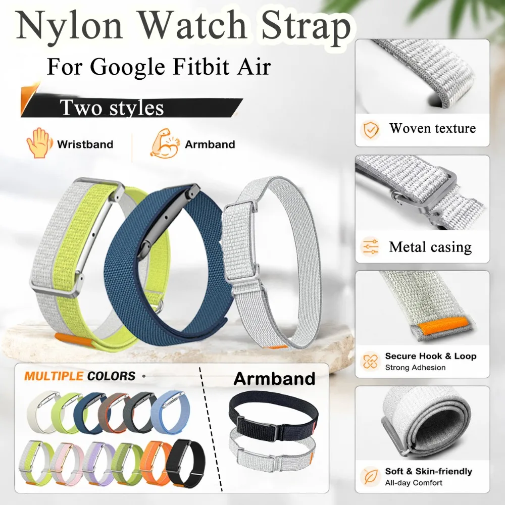 Neues 2-teiliges gewebtes Uhrenarmband aus Nylon mit Metallgehäuse für Google Fitbit Air, verstellbares, weiches, täglich austauschbares Armband für Google Fitbit Air