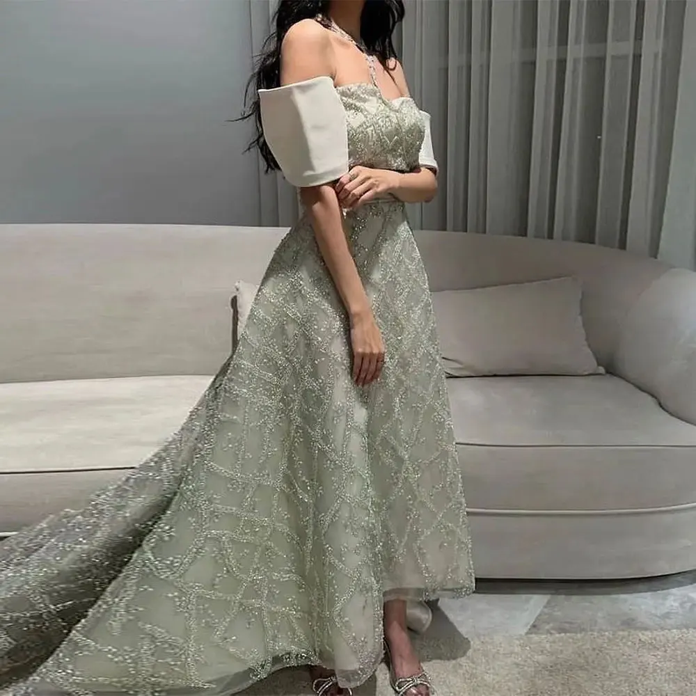 Matcha Green Strapless Lace Evening Dresses With Train Short Sleeves  A-line Ball Gowns Middle Eastern Women Formal Party Dress