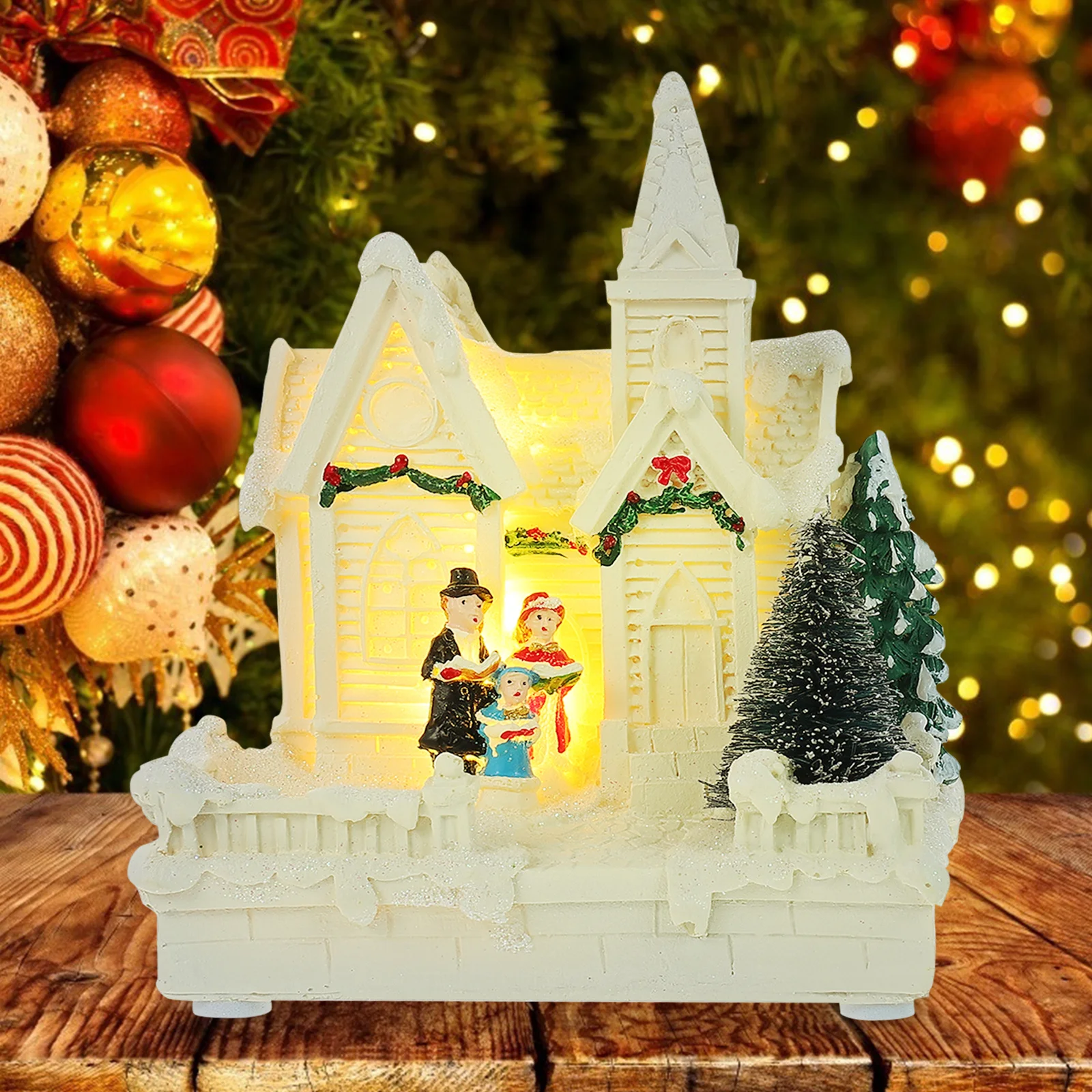 

1Pcs Christmas Resin House Decor Luminous Xmas Desktop Ornament Resin Craft Christmas Festival Scene Adornment