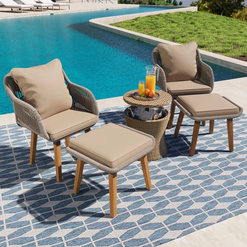 

5-Piece Patio Conversation Set, Wicker Bar Table with Ottomans, Outdoor Furniture for Backyard, Balcony, Poolside, Brown