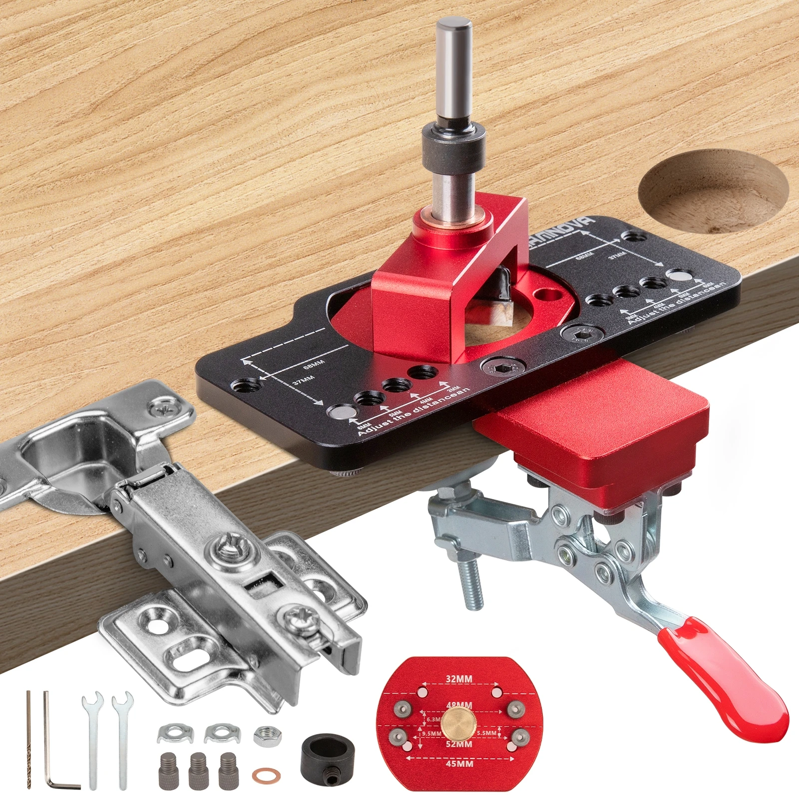 

35mm Hinge Jig Woodworking Door Cabinets Hinge Hole Opener Drilling Guide Locator Set with 32/45/48/52mm Positioning Plate