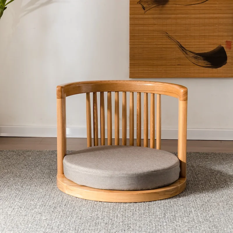 Silla de meditación japonesa Zaisu con reposabrazos con soporte trasero, Tatami de suelo tradicional asiático, sillón de madera maciza de fresno