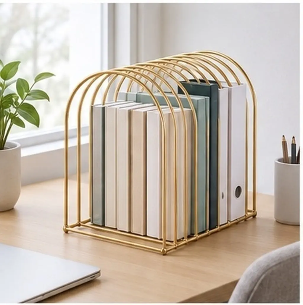Metal Desktop Bookshelf Organizer Elegant Spacesaving Horizontal Desk Shelf for Office Workspace Dormitory Tabletop Bookshelf