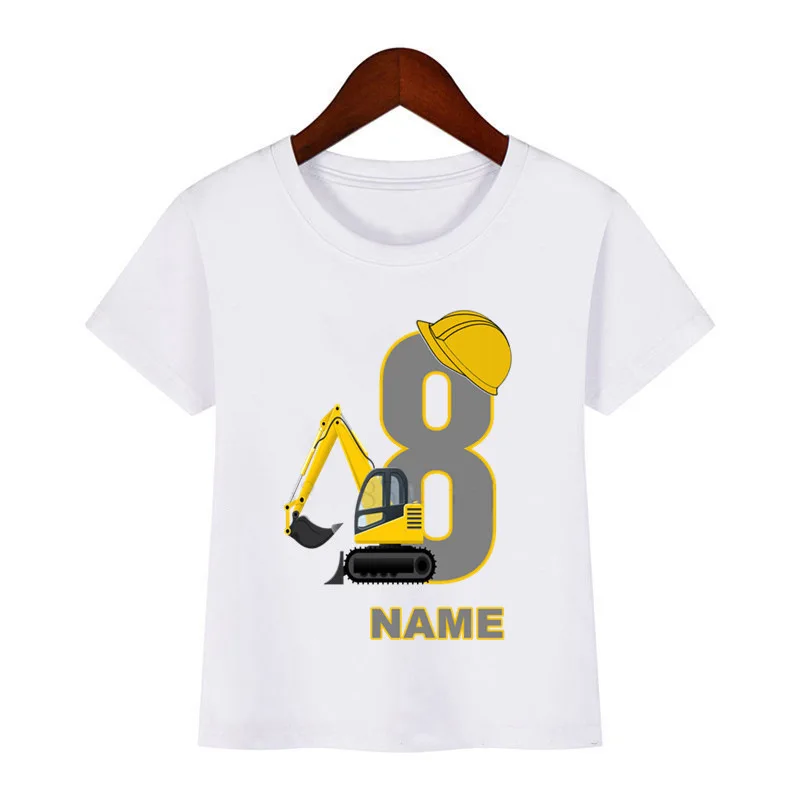 

Children's Cartoon Excavator Birthday Number Name Print T-shirt Children's Birthday T-shirt Gift for Boys and Girls Clothes