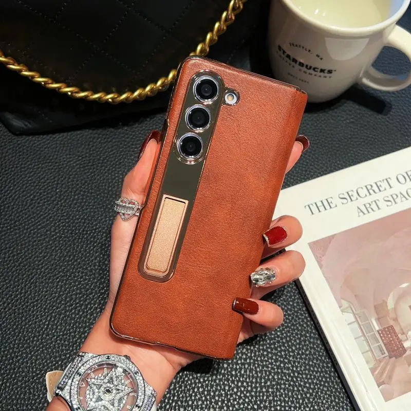 

Suitable for Samsung Z Fold6 5 4 3 electroplating hinge oil wax leather mobile phone shell film integrated