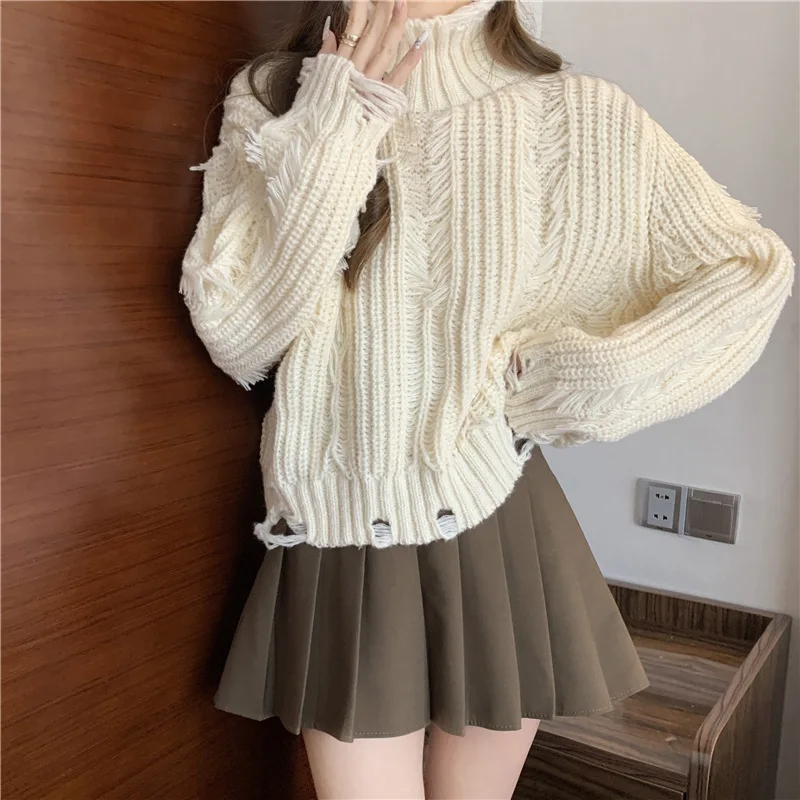 Design Inspired Tassel Ripped High Neck Sweater for Women New Korean Style Warm Knit Sweater Top