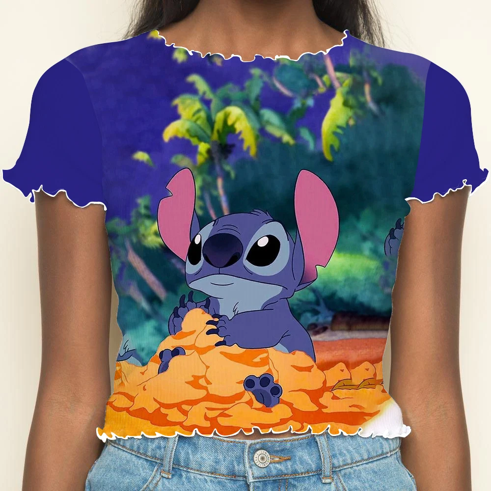 T-shirts T-shirt Crop Top Y2k Lettuce Trim Summer Clothes Women 2024 Disney Tops Sexys Short Sleeve Stitch Woman Clothing Disney