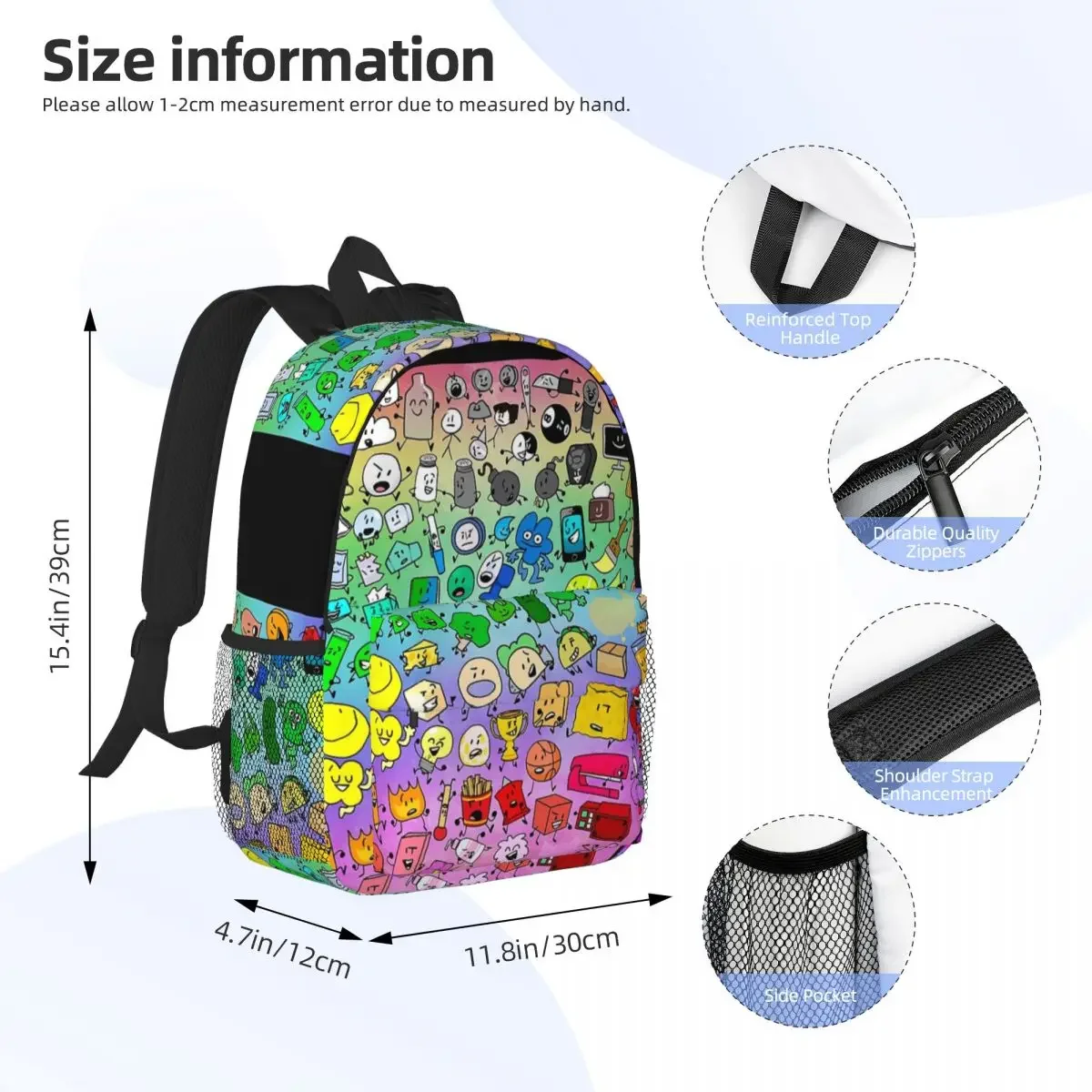 BFDI Inanimate Insanity All Characters (Rainbow) Backpacks Boys Girls Bookbag Students School Bags Travel Rucksack Shoulder Bag