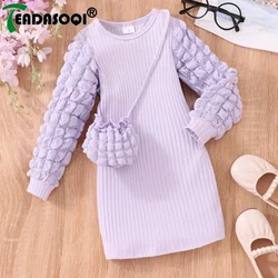 3-7y crianças outono inverno manga longa inchado manga bolha pit com saco cor sólida vestido de bebê conjunto para crianças meninas roupas