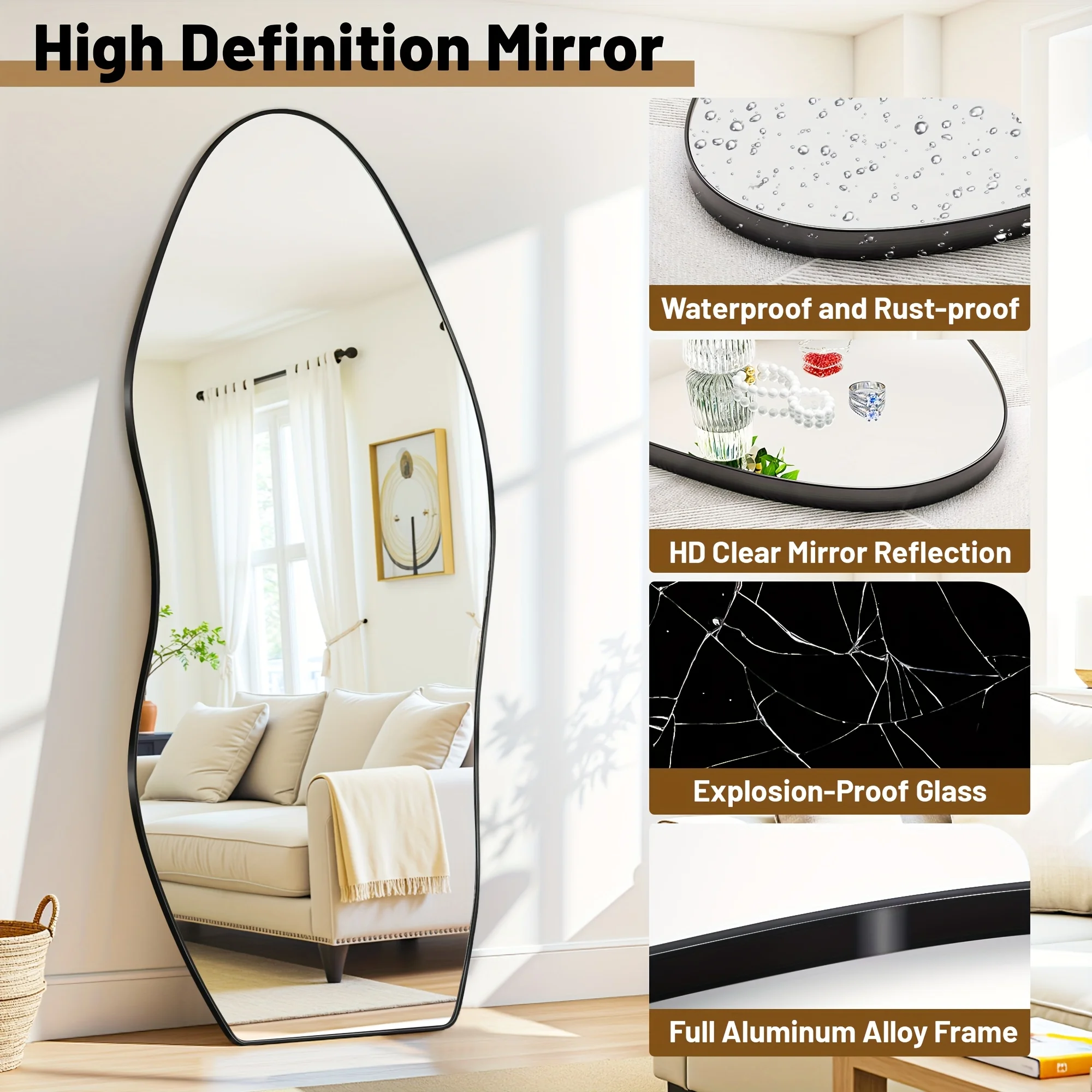 Full-Length Floor Mirror with Wavy Silhouette – 76×36 in or 81×41 in Adjustable Height Stand, Brushed Metallic Frame & Clear Tempered Glass Surface for Bedroom, Living Room or Entryway Decor view 6