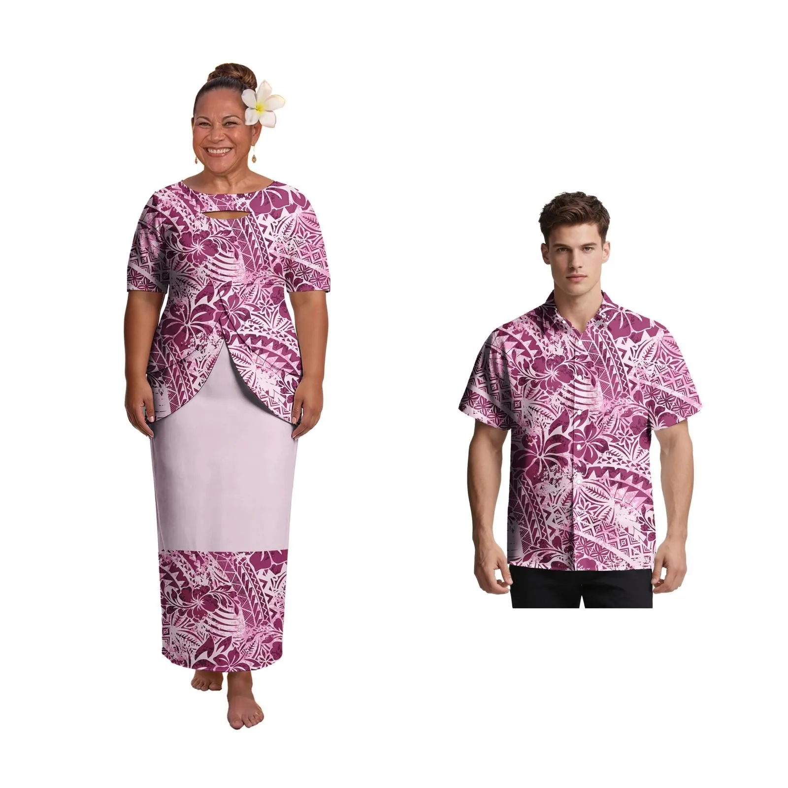 

Samoan Floral Print Elegant Women Cutout Neck Puletasi Polynesian Men Short Sleeve Shirts Hawaiian Island Plus Size Couple Suit