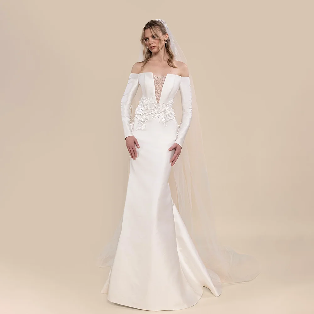 Charming Wedding Dress with Veil Customized Boat Neck Long Sleeves Applique Back Buttons Satin Mermaid Wedding Gowns New Arrival