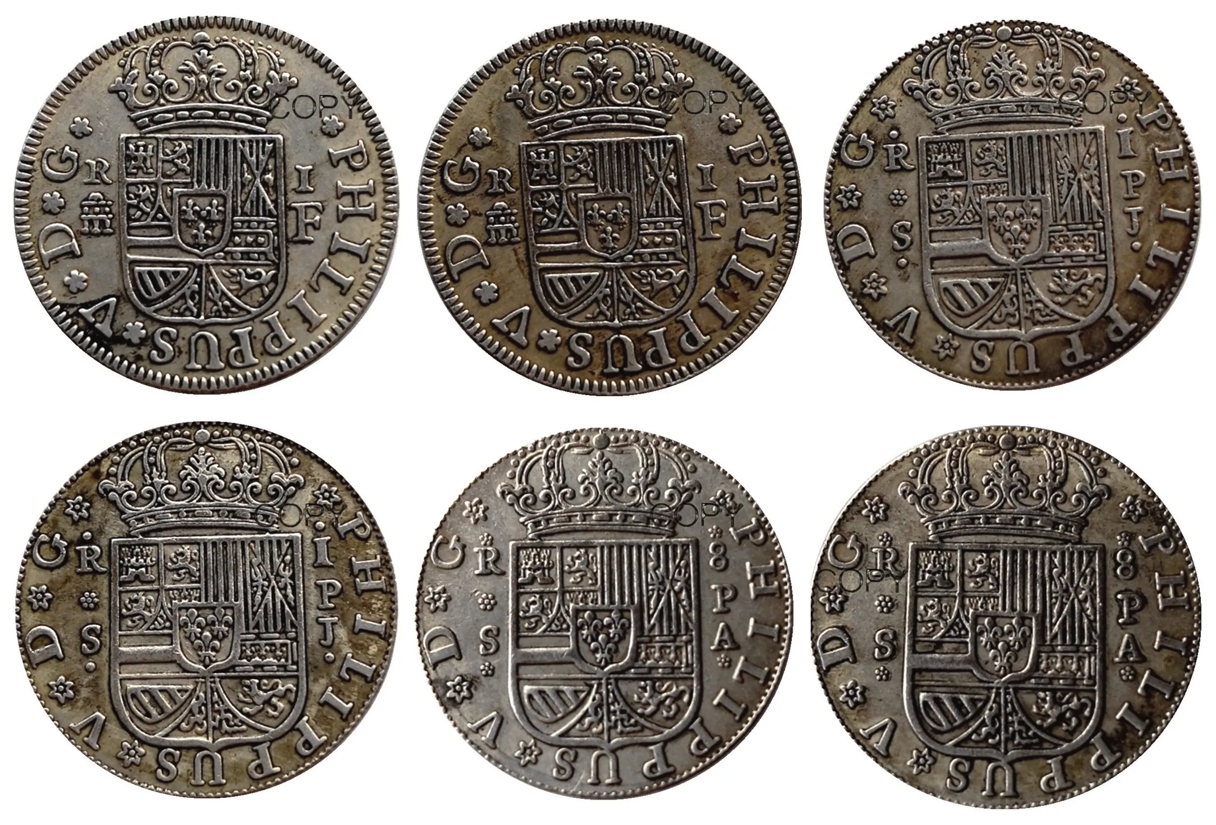 Spain Resl 1727-1738 6PCS Silver Plated Copy Coins